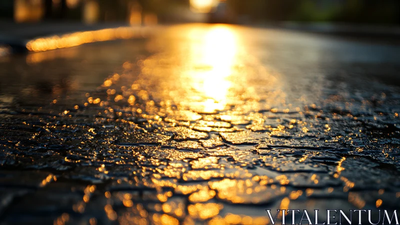 Golden sunset reflection across glistening wet pavement.