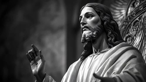 Devotional marble Christ sculpture in dramatic grayscale light.