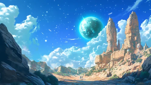 Celestial desert buttes under luminous blue planet sky.