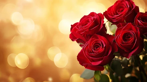 Red roses with bokeh background and warm golden light.