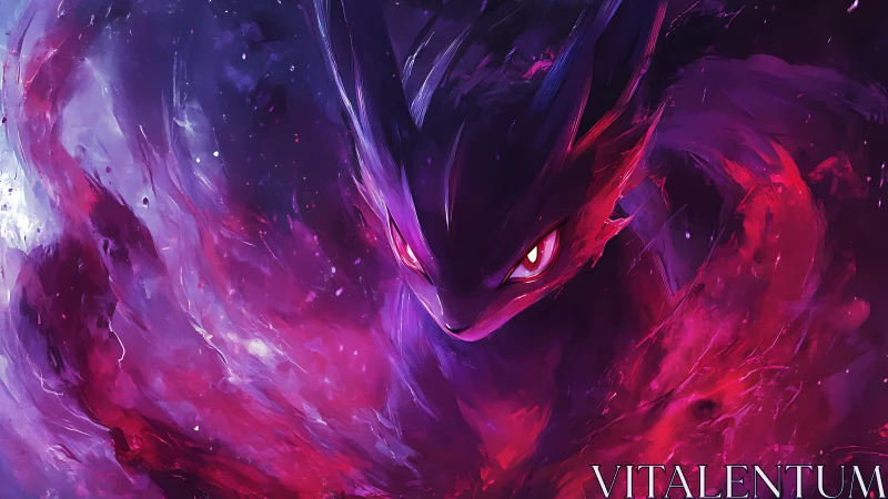 Dark stylized creature in swirling purple and red field.
