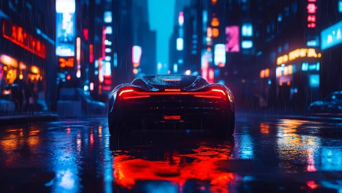 Futuristic sports car drives through rainy neon city street