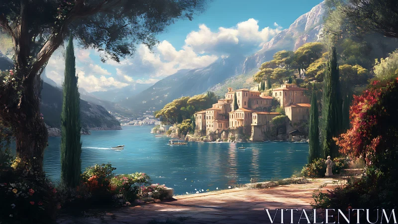 Sunlit terraced village beside turquoise alpine lake panorama.