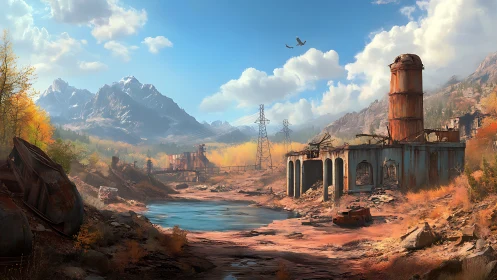 Derelict industrial complex in remote alpine valley landscape.