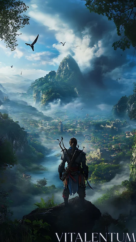 Warrior overlooking misty valley and distant mountain town.