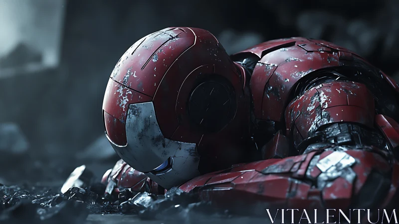 Damaged red exosuit helmet in debris field, cinematic closeup.