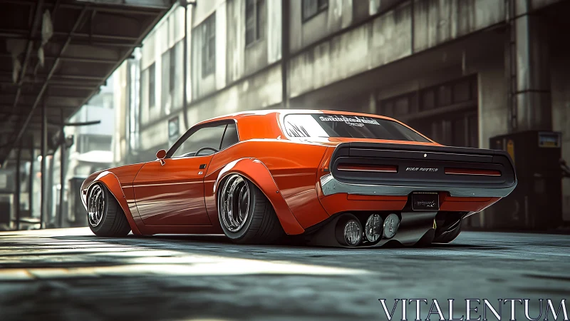 Low-slung orange muscle car prowls a moody urban alleyway.