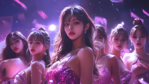 Glamorous girl group shines under neon purple club lights.