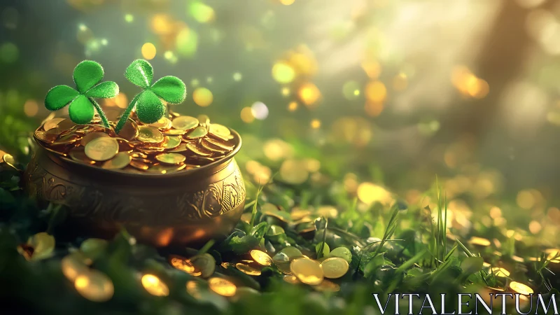 Shamrock-kissed pot of gold gleaming in enchanted sunlight.