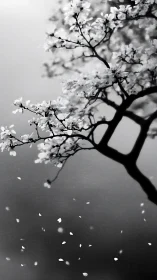 Monochrome blossom study with falling petals in vertical frame.