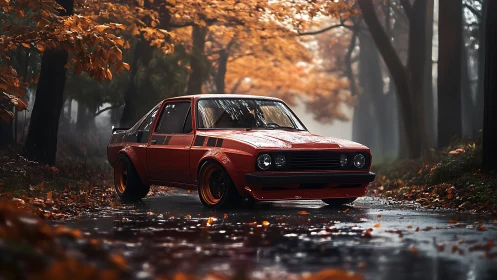 Red modified sedan is parked on wet forest road in autumn