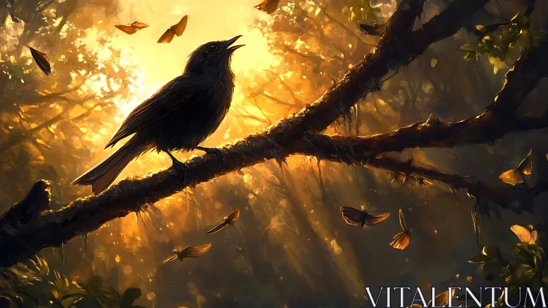 Songbird silhouetted in golden forest light with drifting moths.