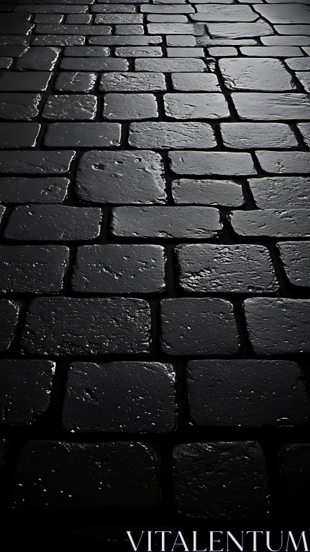 Wet cobblestone pavement under moody low sidelighting.