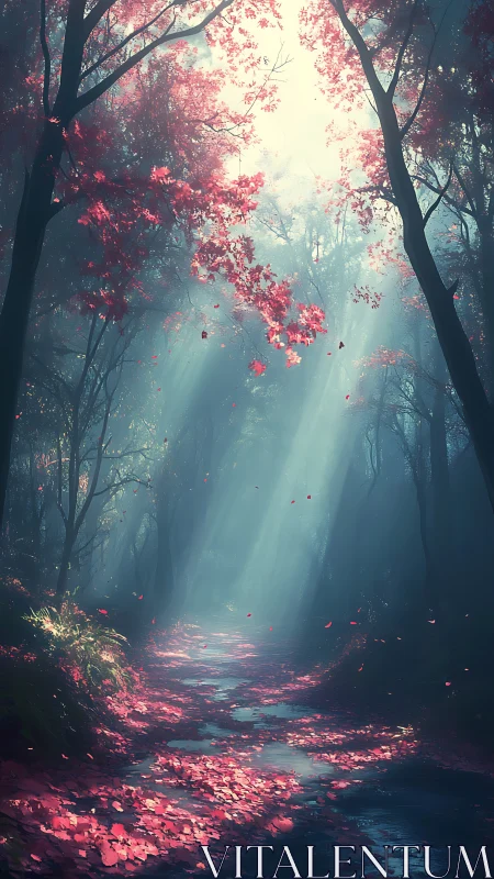 Luminous Forest Path Through Blooming Trees Digital Composition.