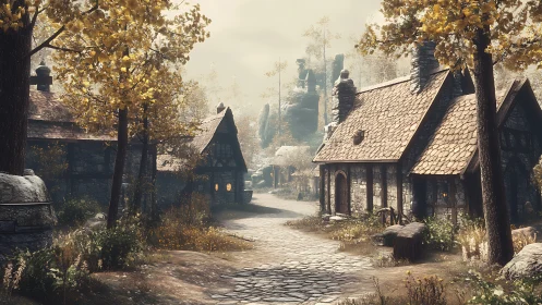 Quiet autumn village lane with cozy stone cottages.
