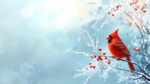 Scarlet cardinal on frosted branch with winter berry accents.