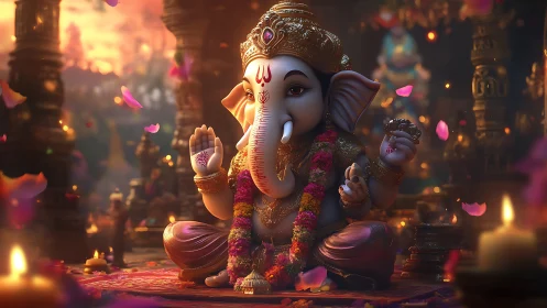 Ganesh idol sits in ornate temple with glowing candlelight
