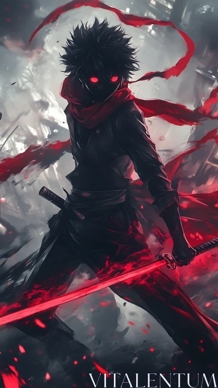 Hooded swordsman with glowing blade stands in red-lit smoke