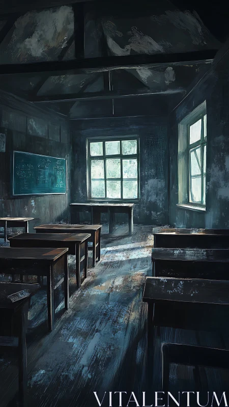 Dusty daylight rewrites memories in an abandoned classroom