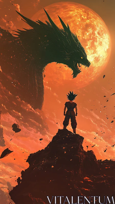 Warrior confronts cosmic dragon before burning moon