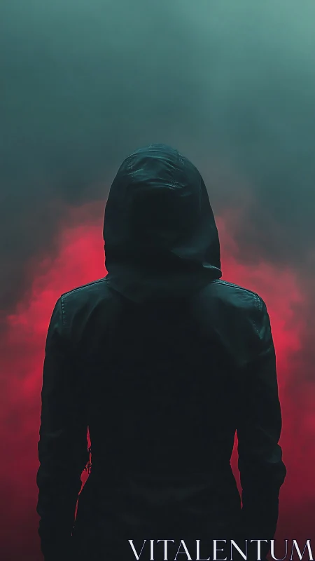 Hooded figure stands in red mist under teal night sky.