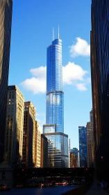 Glass skyscraper rises above sunlit city traffic at dusk