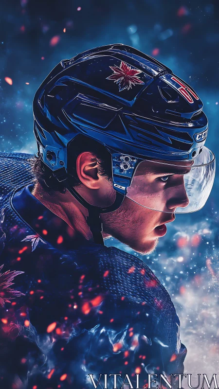 Hockey player portrait rendered in dramatic neon backlit digital style