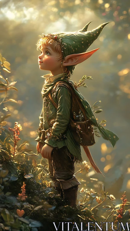 Elf child stands in forest clearing under diffused sunlight
