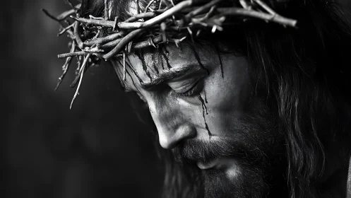 Crown of thorns on bearded male profile in grayscale closeup.