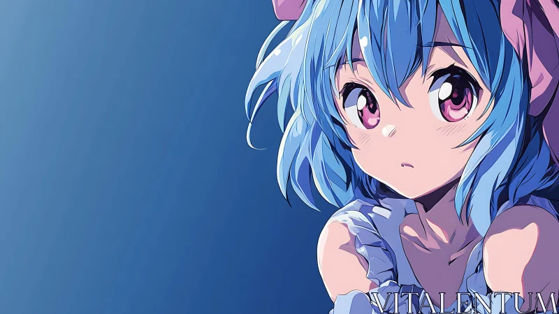 Blue haired anime girl portrait on plain gradient background.