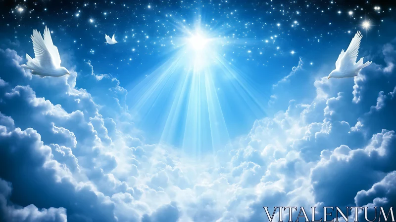 Heavenly doves ascending through radiant celestial light.