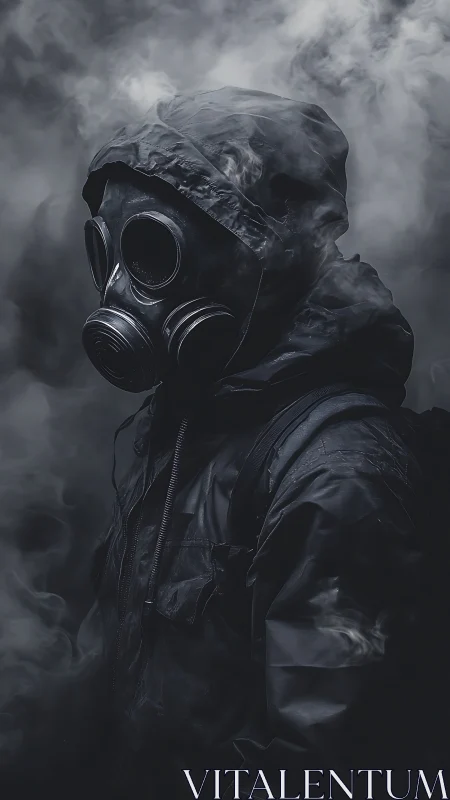 Hooded figure in gas mask amid dense swirling smoke.