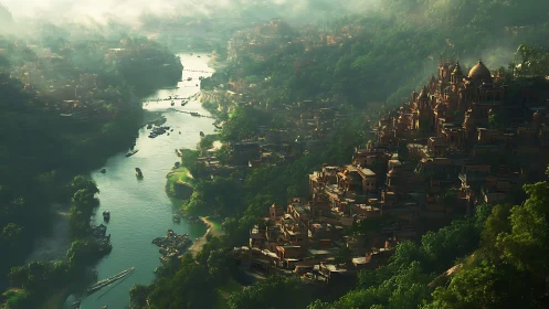 Misty river city waking beneath sunlit hillside domes.