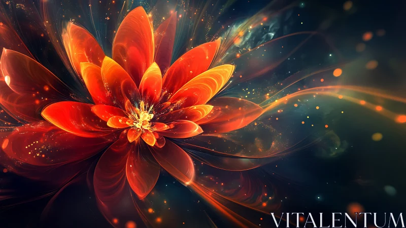Digital abstract flower with glowing orange petals in space.