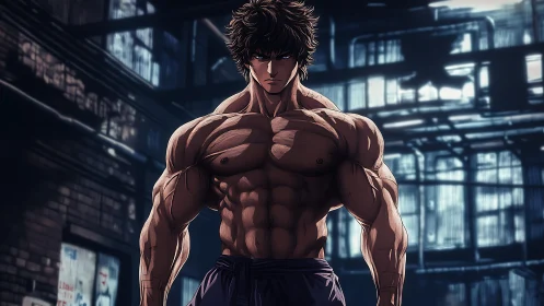 Muscular anime fighter stands under harsh warehouse light.