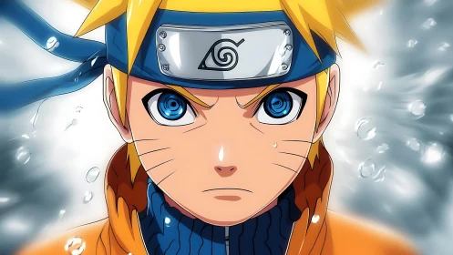 Focused blonde ninja portrait with headband emblem.