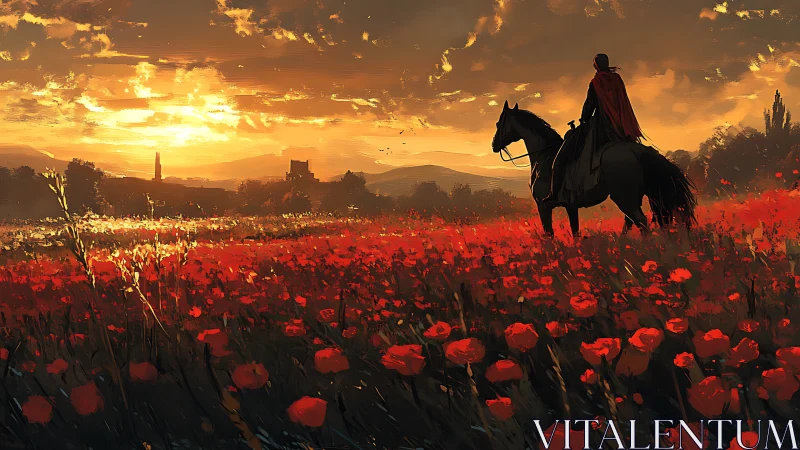 Rider on horseback in red flower field at sunset landscape.
