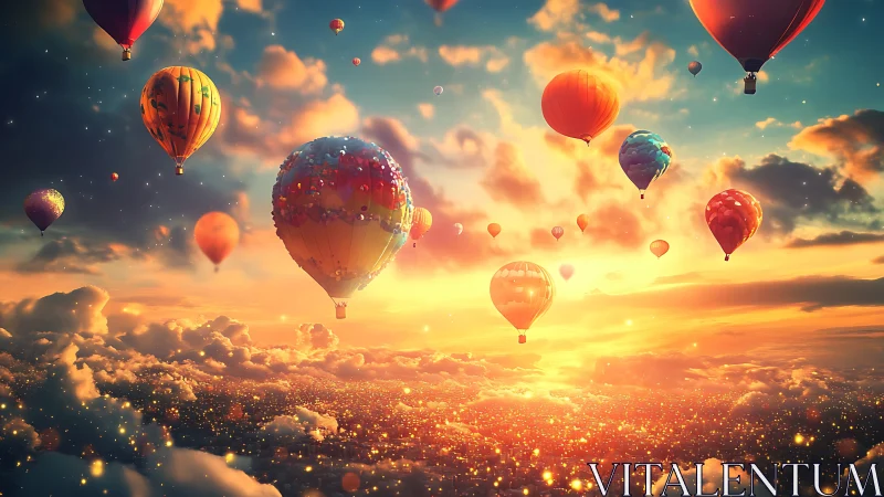 Colorful hot air balloons floating above glowing city sky