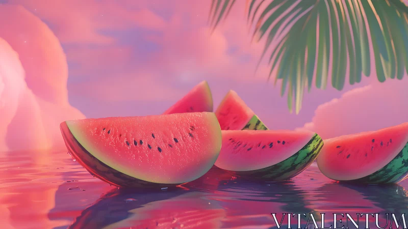 Watermelon slices on reflective water at sunset.