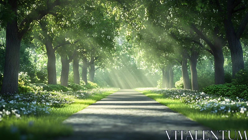 Sunlit tree-lined path inviting a calm, unhurried stroll.