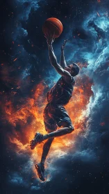 Basketball player soars through fiery cosmic storm.