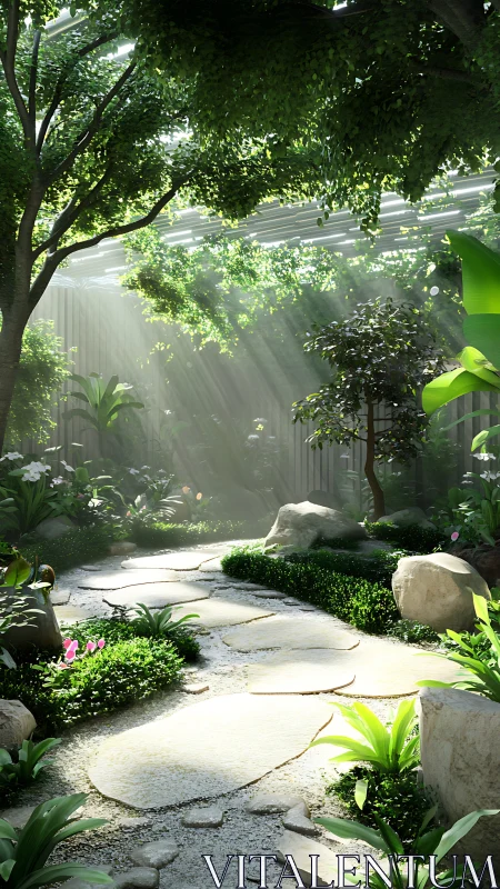 Sunlit stone path winding through a tranquil indoor garden dream.
