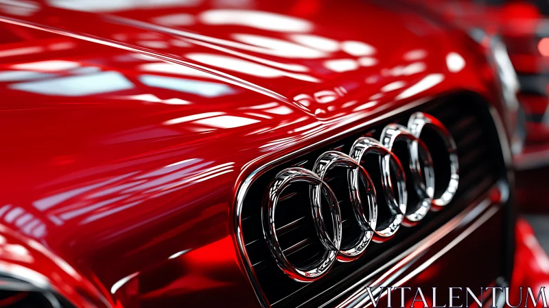 Specular red car front with reflective chrome ring emblem detail.