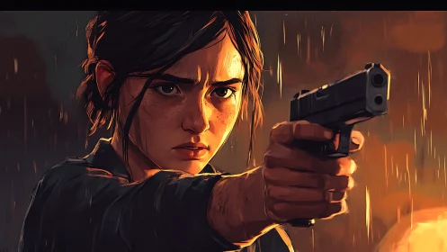 Determined young survivor aims handgun through driving rain