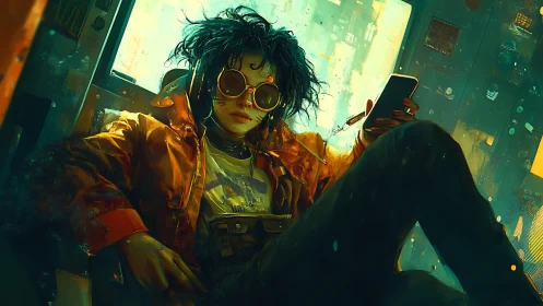 Cyberpunk rider sinks into neon city soundscape.