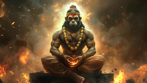 Hanuman deity in meditative pose amid swirling flames.