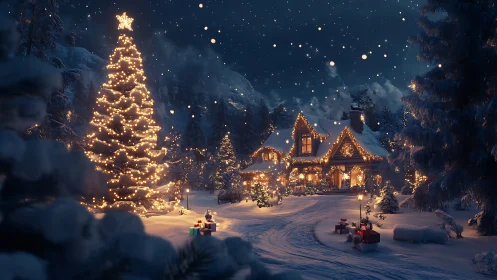 Snow-covered house and lit Christmas tree under night sky