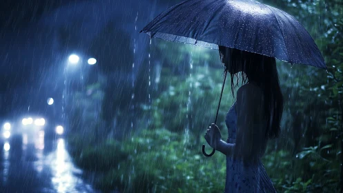 Woman stands under umbrella beside wet road in heavy rain