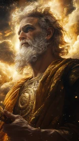 Storm-crowned elder contemplates thunder over burning clouds