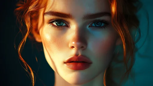 Sunlit copper curls and luminous teal-shadowed gaze.